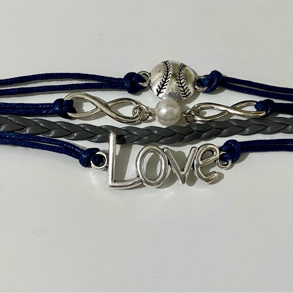 5 Silvertone Pearl Love Baseball Wrap Bracelet Adjustable 9" 

New and wrapped